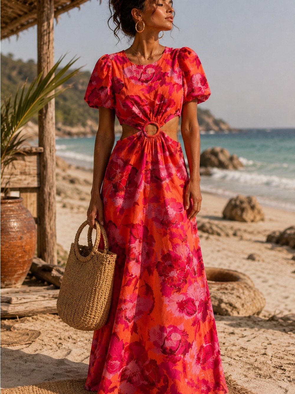 Floral Cutout Maxi Dress in Pink and Orange